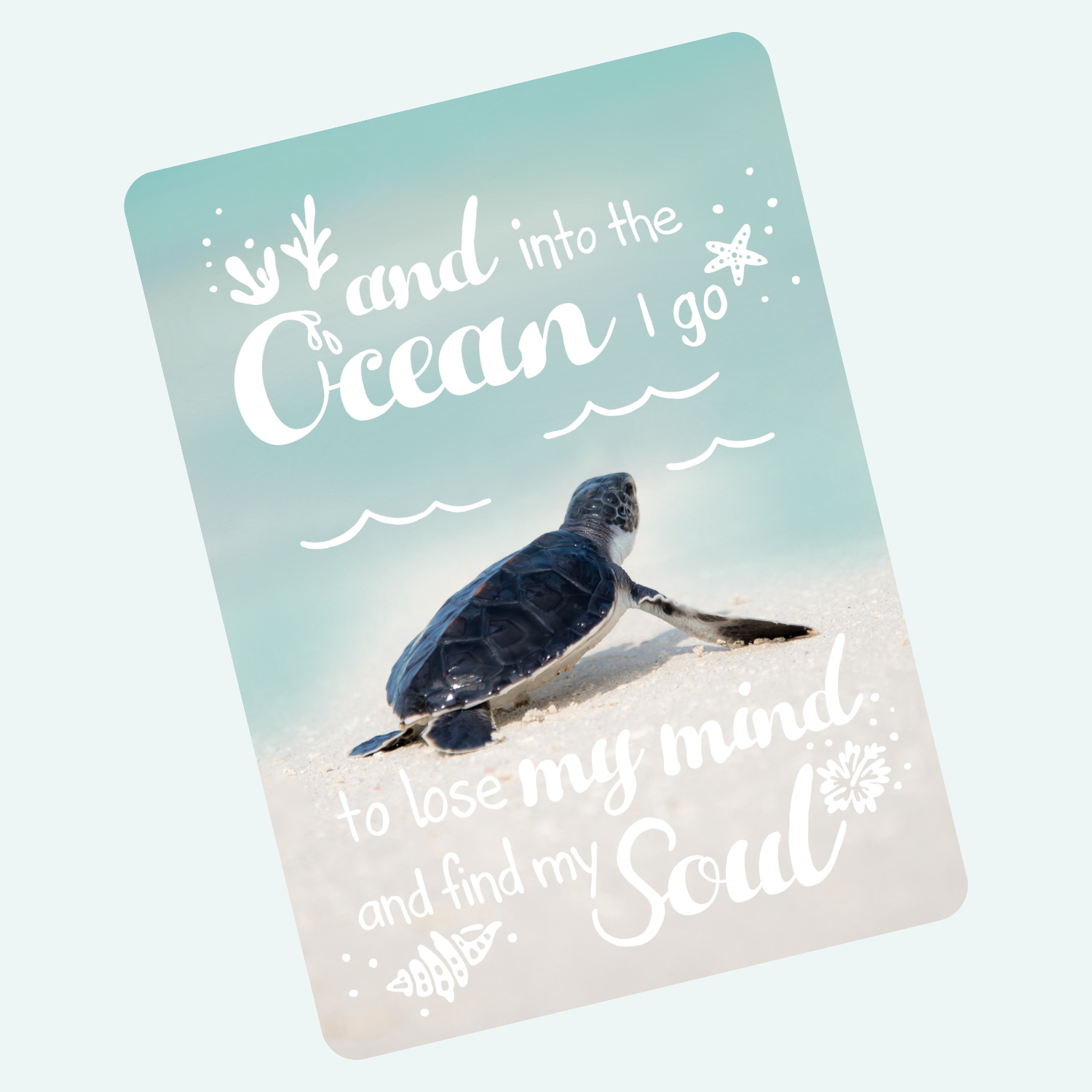 Postkarte "And into the ocean I go, to loose my mind and find my soul." mit einer Babyschildkröte als Motiv. 
