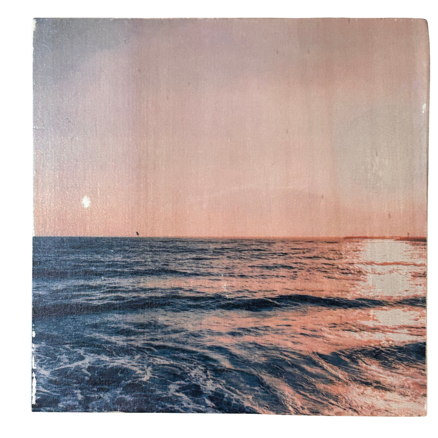 Holzbild "Sonnenuntergang am Meer" - 15x15cm | Handgemachter Foto-Transfer auf Holz