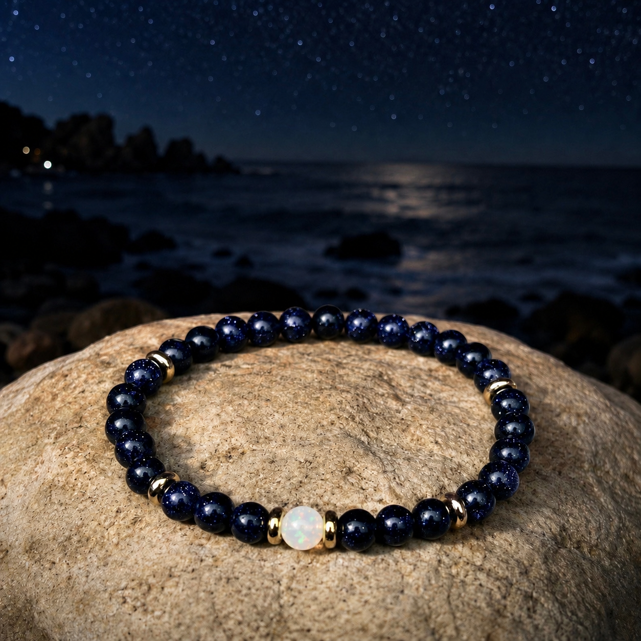 Edelsteinarmband "Sternenhimmel" mit blauem Sandstein (Blue Goldstone/ Glimmer) und einer Perle aus Mondstein sowie vergoldeten Elementen. 