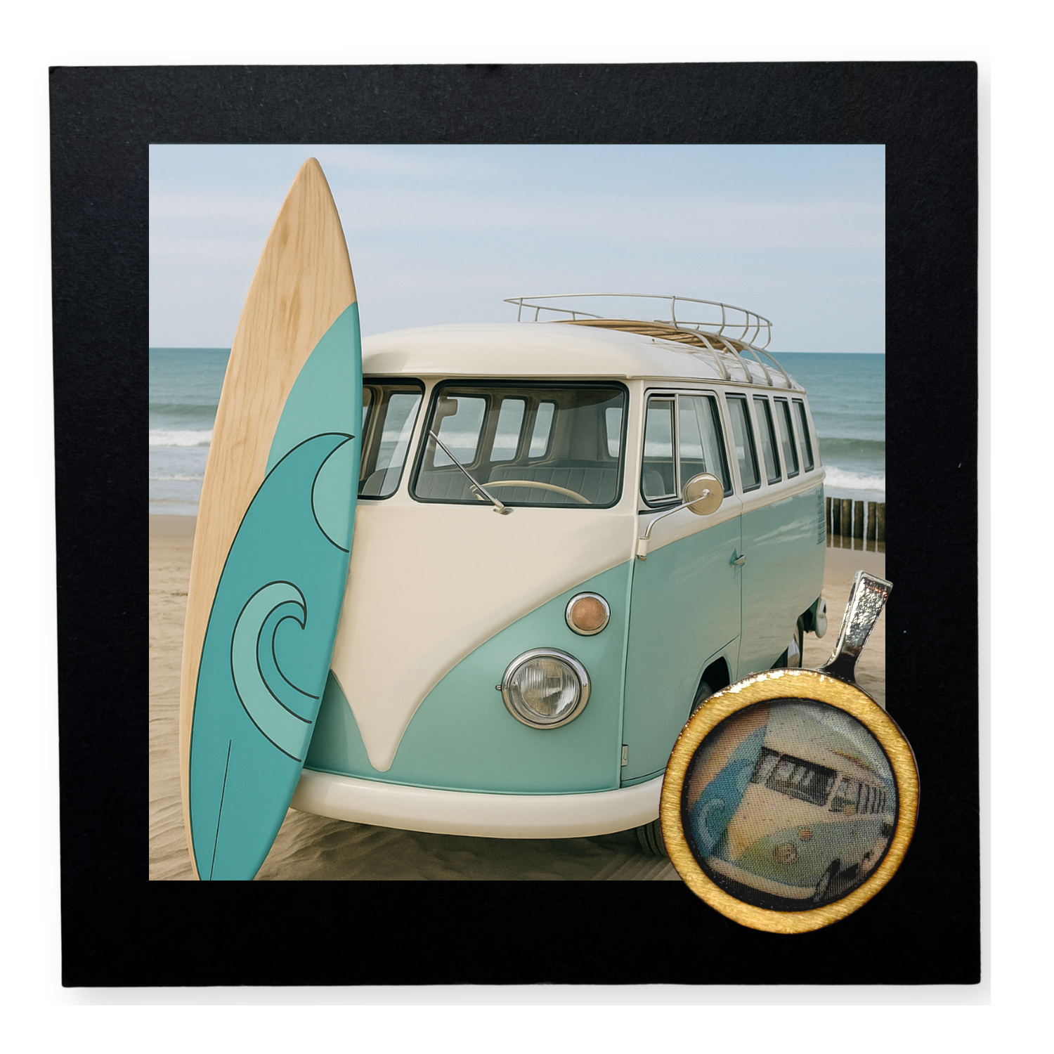 Handgemachter Holzanhänger mit Strand, Van (Bulli) und Surfbrett-Motiv in Resin gegossen. Unperfekt und alles selbst gemacht, mit handgefertigter Karte mit Spruch "Take me to the beach". Der Anhänger ist auf der Karte aufgeklebt und kann leicht abgelöst werden. Dazu gibt es zwei Bänder zum selber knoten, je 50cm lang. 