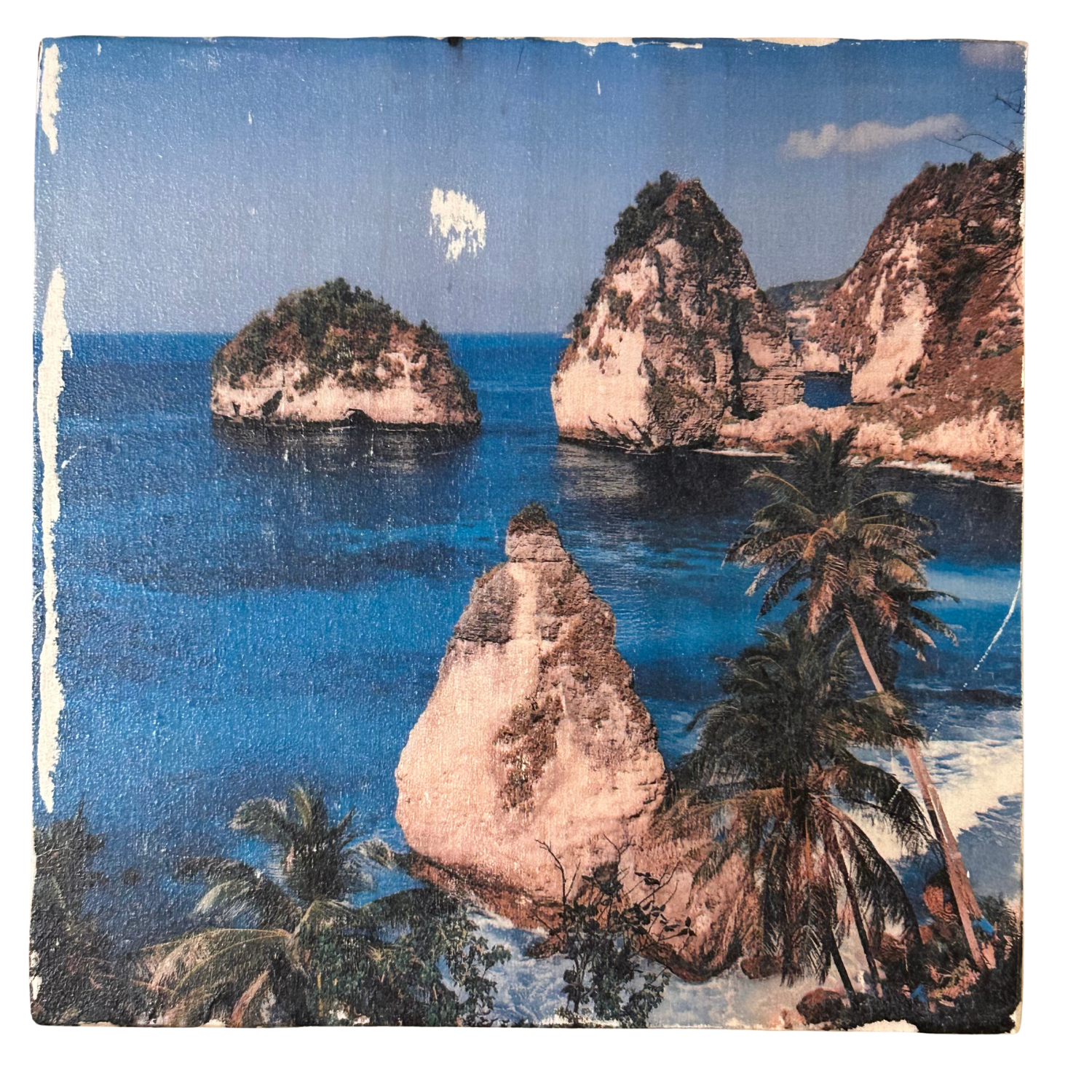 Holzbild "Felsen im Meer" - 15x15cm | Handgemachter Foto-Transfer auf Holz