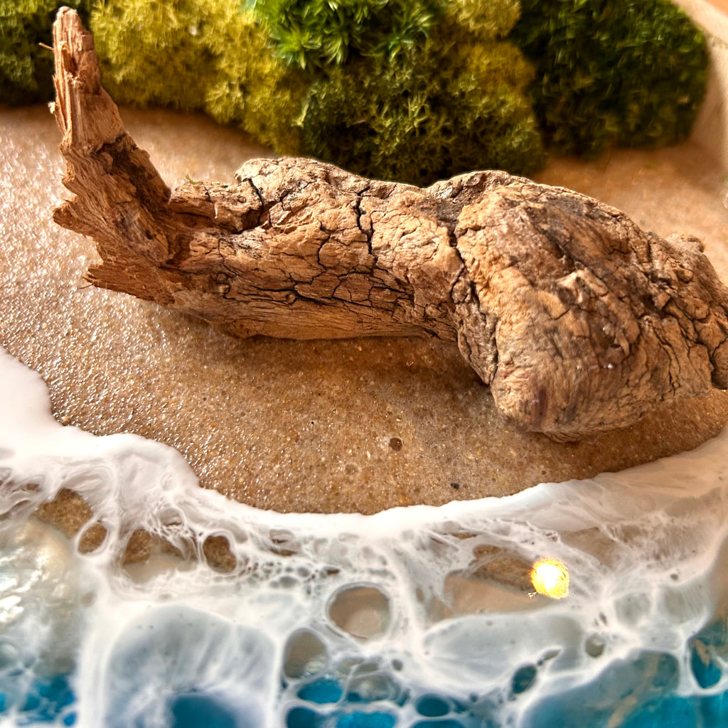 Detailaufnahme des Moosbild "Treibholzstrand" . Hier sieht man ein Meer mit Wellen aus Resin, einen Strand mit hellem Sand, Treibholz und grünes, konserviertes Moos. Naturkunst von Moos und Meer in Oberhausen.